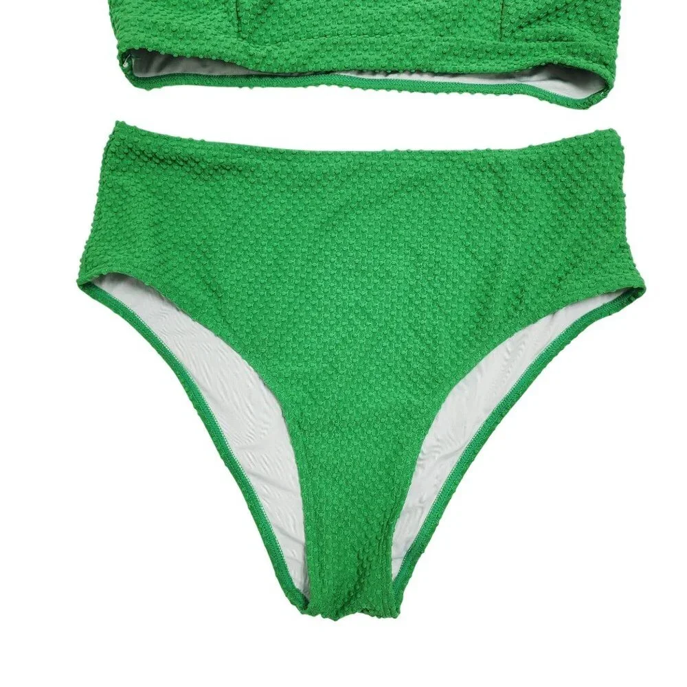Green Womens Textured High Waist Bikini Set Swimsuit Size L
